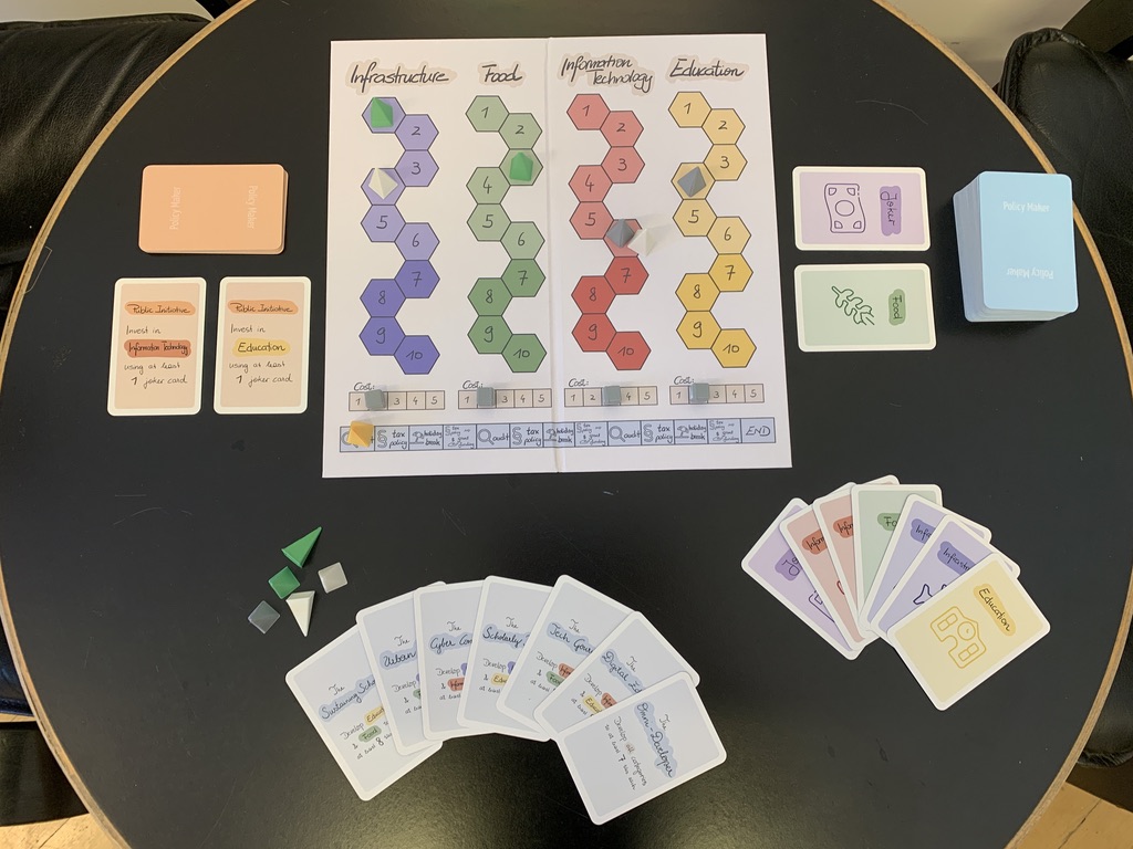 Game board, cards, and game pieces of The Policy Maker on a table.